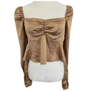Mi ami Cheetah Print Satin Peplum Blouse‎ Womens Small